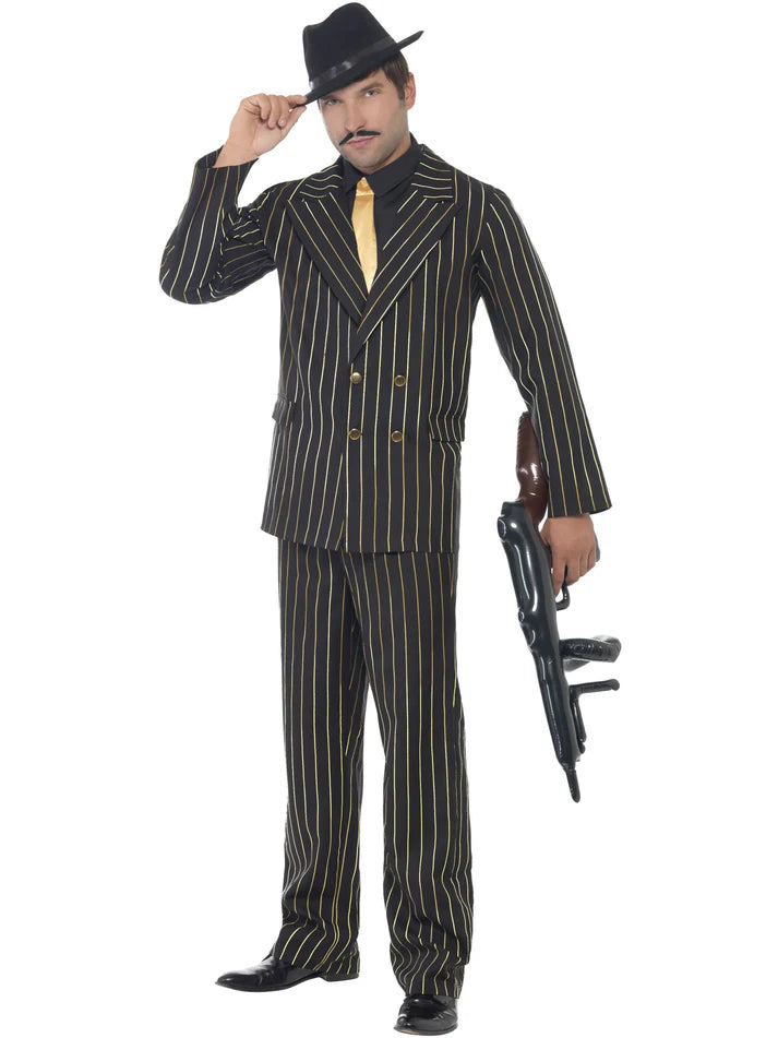 Smiffys Gold Pinstripe Gangster Costume, Black XL