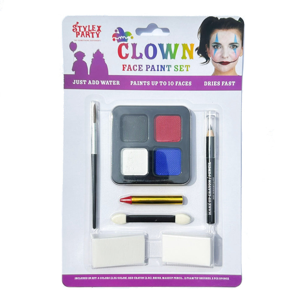 Clown Face Paint Set with 4 Colors, Crayon, Pencil, Brushes & Sponges Stylex Party