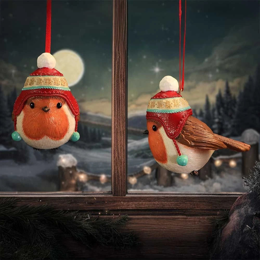 Winter Robin Bobble Hat Hanging Ornament 7.3cm