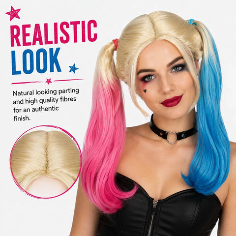 Harlequin Pink Blue Pigtail Carnival Queen Wig