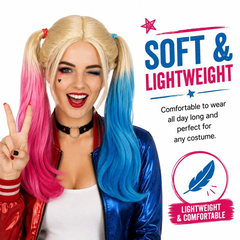 Harlequin Pink Blue Pigtail Carnival Queen Wig