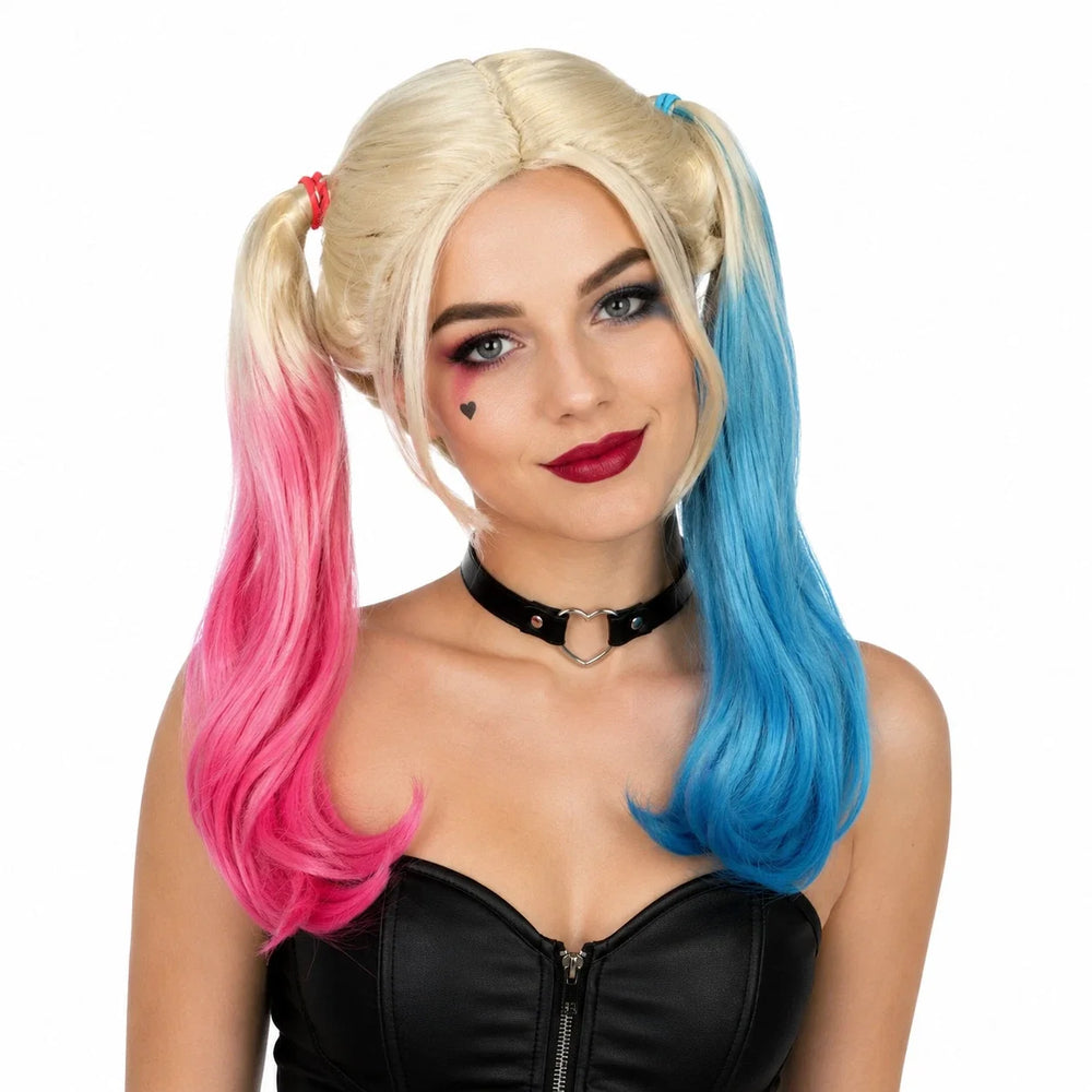 Harlequin Pink Blue Pigtail Carnival Queen Wig