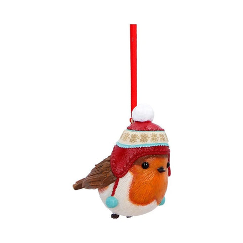 Winter Robin Bobble Hat Hanging Ornament 7.3cm
