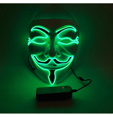 Green anonymous LED mask glowing for Halloween and rave events